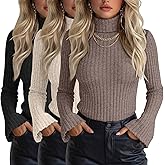 Velvelhall 3 Pack Women's Turtleneck Sweaters Ribbed Knitted Bell Long Sleeve Pullover Shirt Basic Tops Fall Winter(Light Coffee, Apricot, Black,Large)