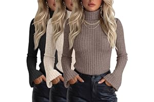 Velvelhall 3 Pack Women's Turtleneck Sweaters Slim Fit Ribbed Knitted Bell Long Sleeve Pullover Shirt Basic Tops Fall Winter