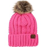 C.C Thick Cable Knit Faux Fuzzy Fur Pom Fleece Lined Skull Cap Cuff Beanie