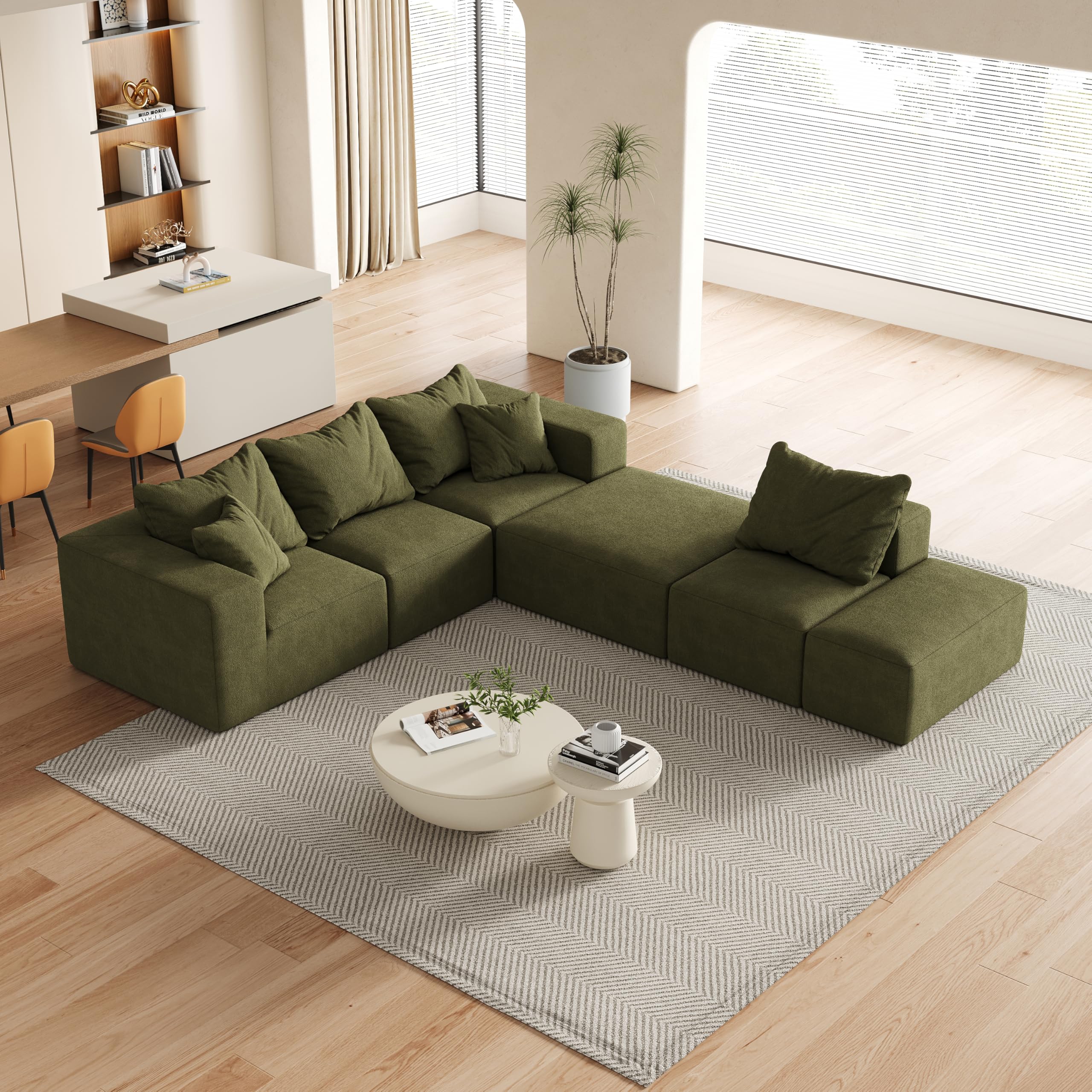 Photo 1 of KEIKI 132" Boneless Sofa with Ottoman, L Shaped Corner Couch, Upholstered Corduroy Free Combination Sectional Couch for Living Room, Bedroom, Green