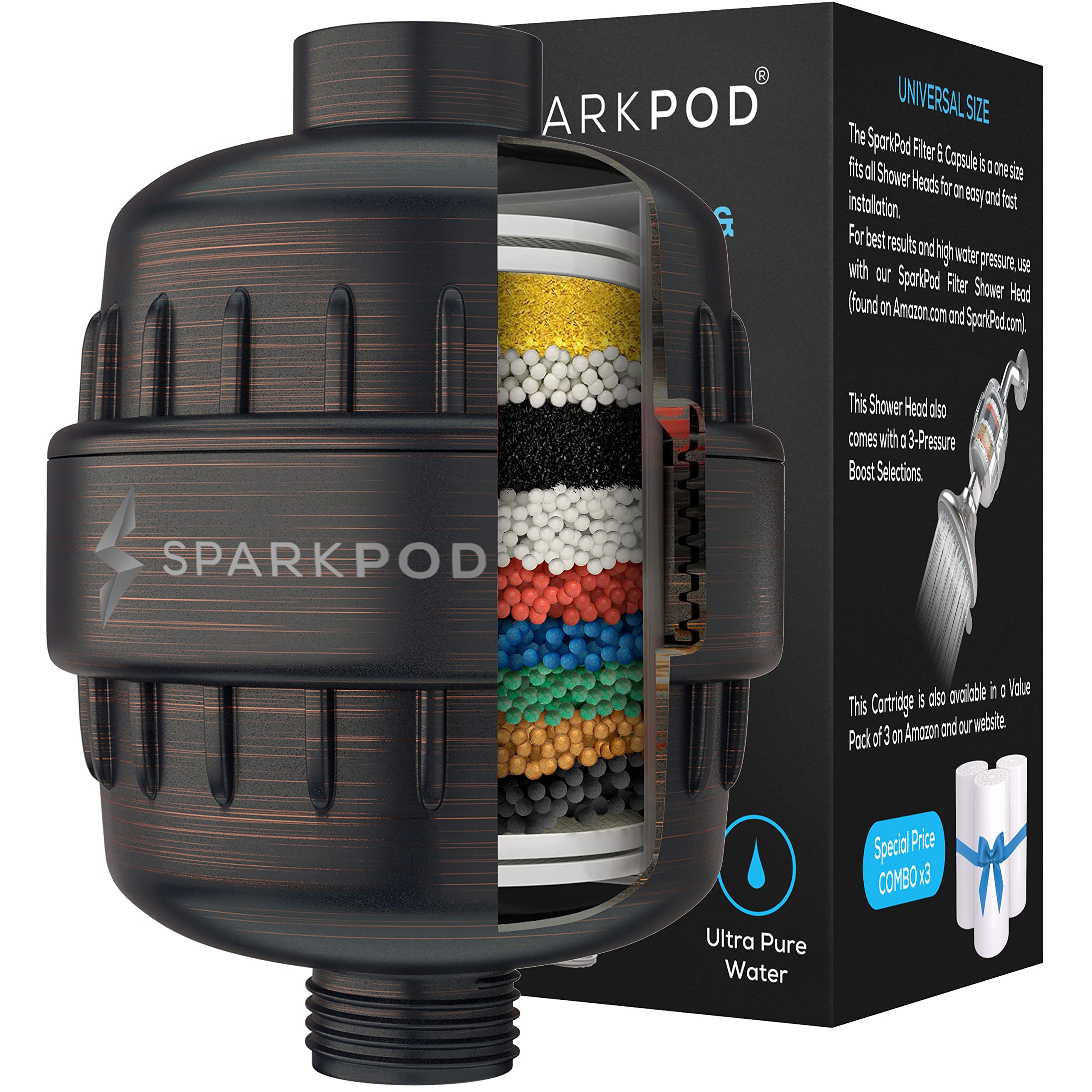 SparkPod High Output Shower Filter Capsule-Rejuvenates Skin & Hair Health (Reduces Eczema & Dandruff), Filters Chlorine, Heavy Metals & Impurities | 1-min installation (Oil Rubbed Bronze, New Formula)