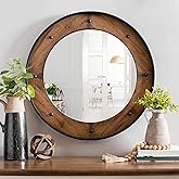 UPPER DECOR Rustic Round Wall Mirror 24 Inch, Natural Wood Frame with Black Metal Trim, Industrial Farmhouse Style Wall Mirro