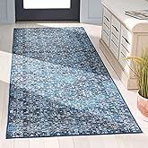 SAFAVIEH Washable Rug Tucson Collection - 2'6" x 12' Runner, Blue & Grey, Slip Resistant & Easy to Clean, Ideal for Living Ro