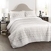 Lush Decor Hygge Geo Pattern Striped 3 Piece Quilt Bedding Set, King, Taupe & White