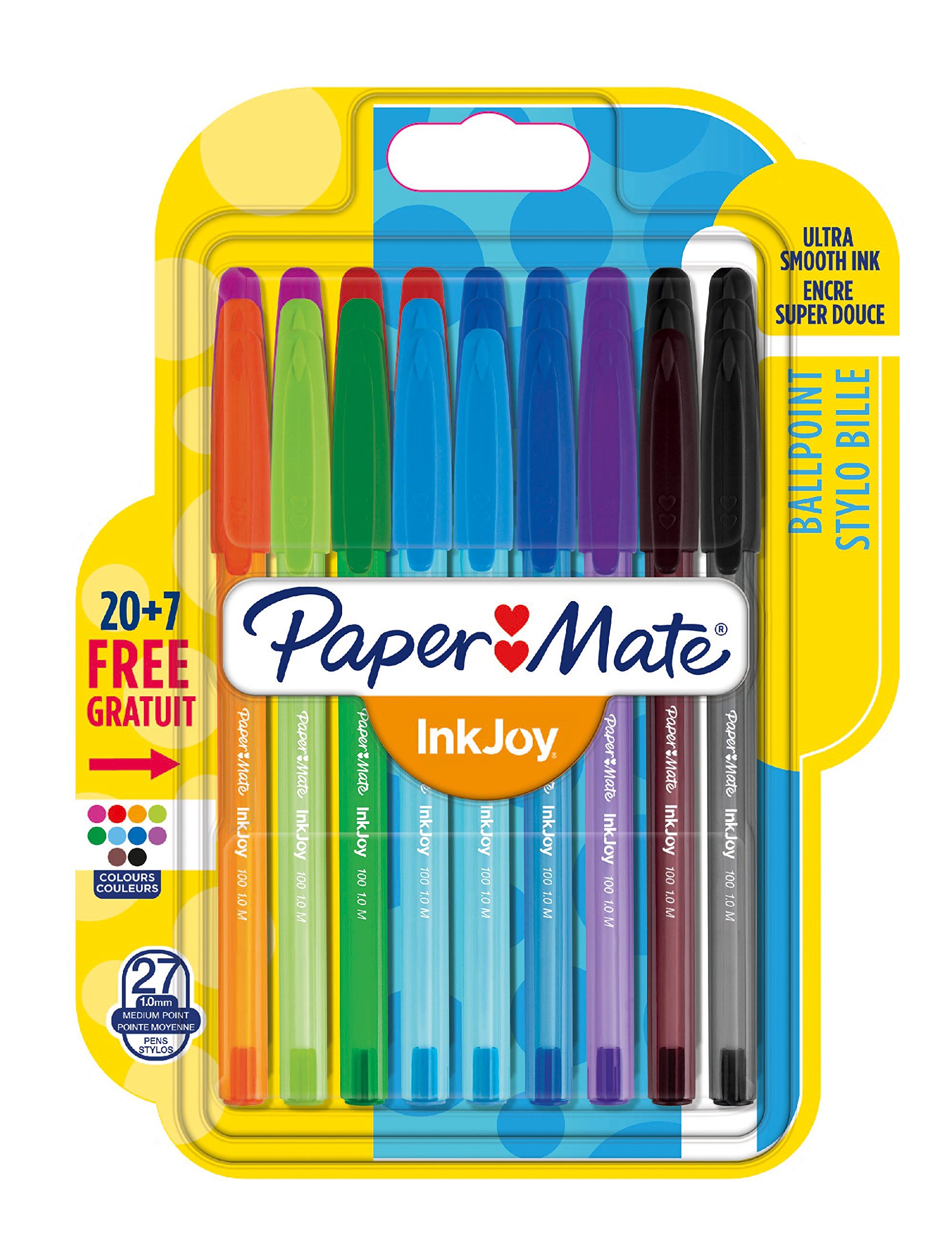 PaperMate InkJoy 100 CAP Capped Ball Pen with 1.0 mm Medium Tip - Assorted Colours, Pack of 20 + 7