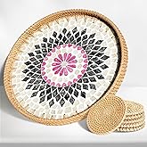 Round Rattan Tray with Mother of Pearl Inlay, 13.8in Decorative Wicker Serving Tray with Wooden Base, Includes 6 Matching Rattan Coasters, for Coffee Bread Fruits Table Decor, Red Heart Shell