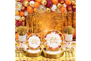 QINLINE Thanksgiving Party Decorations - 291 PCS Fall Birthday Party Supplies Disposable Dinnerware Set(25 Guest) with Maple Leaf Paper Plates Napkin Tablecloth Backdrop Balloon Garland Kit for Autumn Holiday