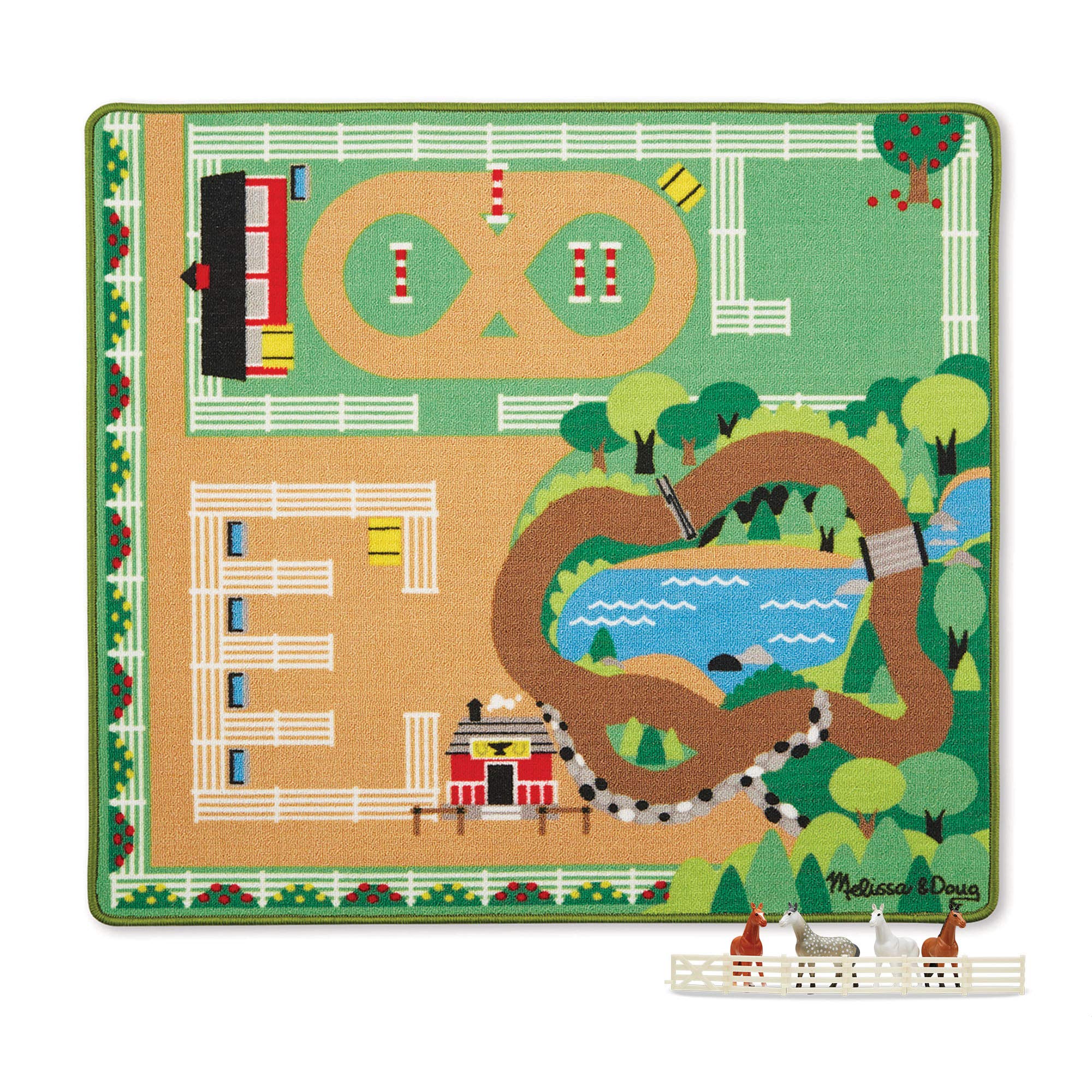 Melissa & Doug Round the Ranch Horse Activity Rug (99.06 cm x 91.44 cm) With 4 Play Horses and Folding Fence