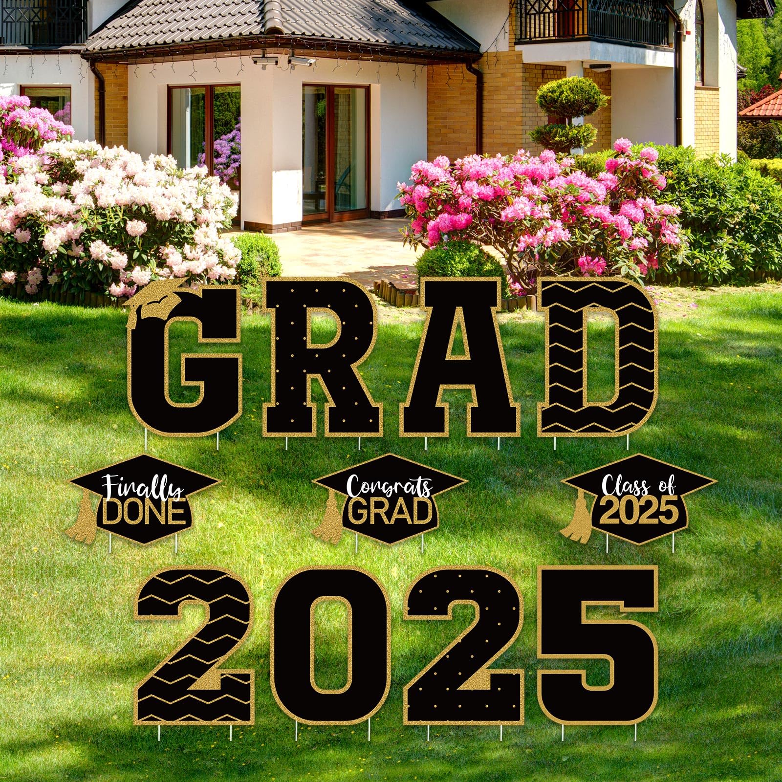 Photo 1 of Tatuo 11 Pcs Graduation Yard Sign Decorations Congrats Graduation Lawn Signs 2025 Grad Yard Decor with 23 Stakes for Outdoor Grad Party(Simple Style,Black and Gold)