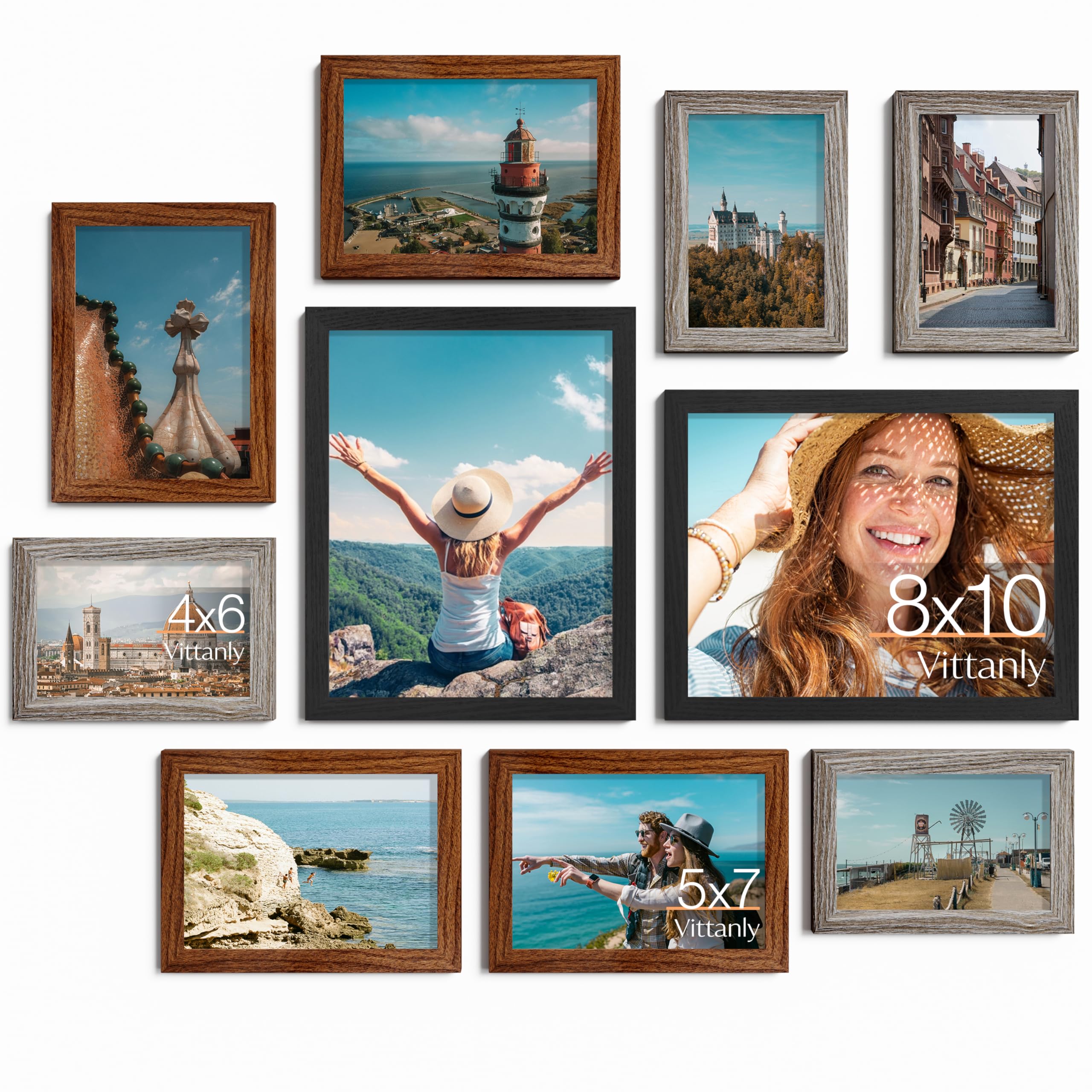 Vittanly 10 Pack Picture Frames, Picture Frames Collage Wall Decor with Two 8x10, Four 5x7, Four 4x6 Photo Frames, Gallery Wall Frame Set for Wall or Tabletop Display, Black, Walnut Brown, Dark Grey