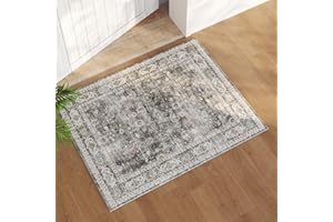 Rugcomf 2x3 Rug Washable Boho Rug Soft Small Area Rug Non-Slip Non-Shedding Faux Wool Vintage Rug for Door Mat, Kitchen, Floor, Entryway, Powder Room (Grey and Brown)