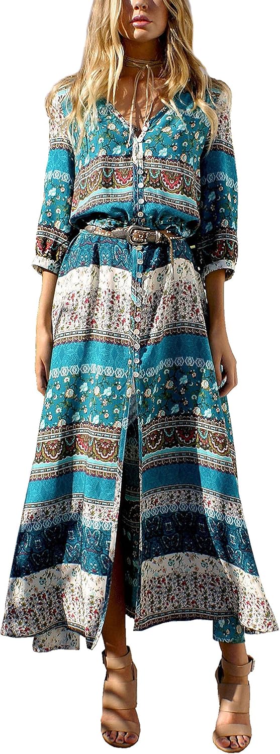 R.Vivimos Women's Summer Button Up Floral Print Split Beach Maxi Dresses
