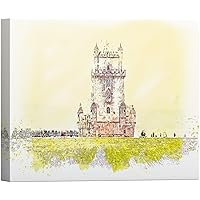 SIGNWIN Canvas Wall Art Yellow and Green Garden Belém Tower in Lisbon-Portugal Places Landmarks Watercolor Impressionism Global Scenic Urban Pastel for Living Room, Bedroom, Office - 12x18 inches