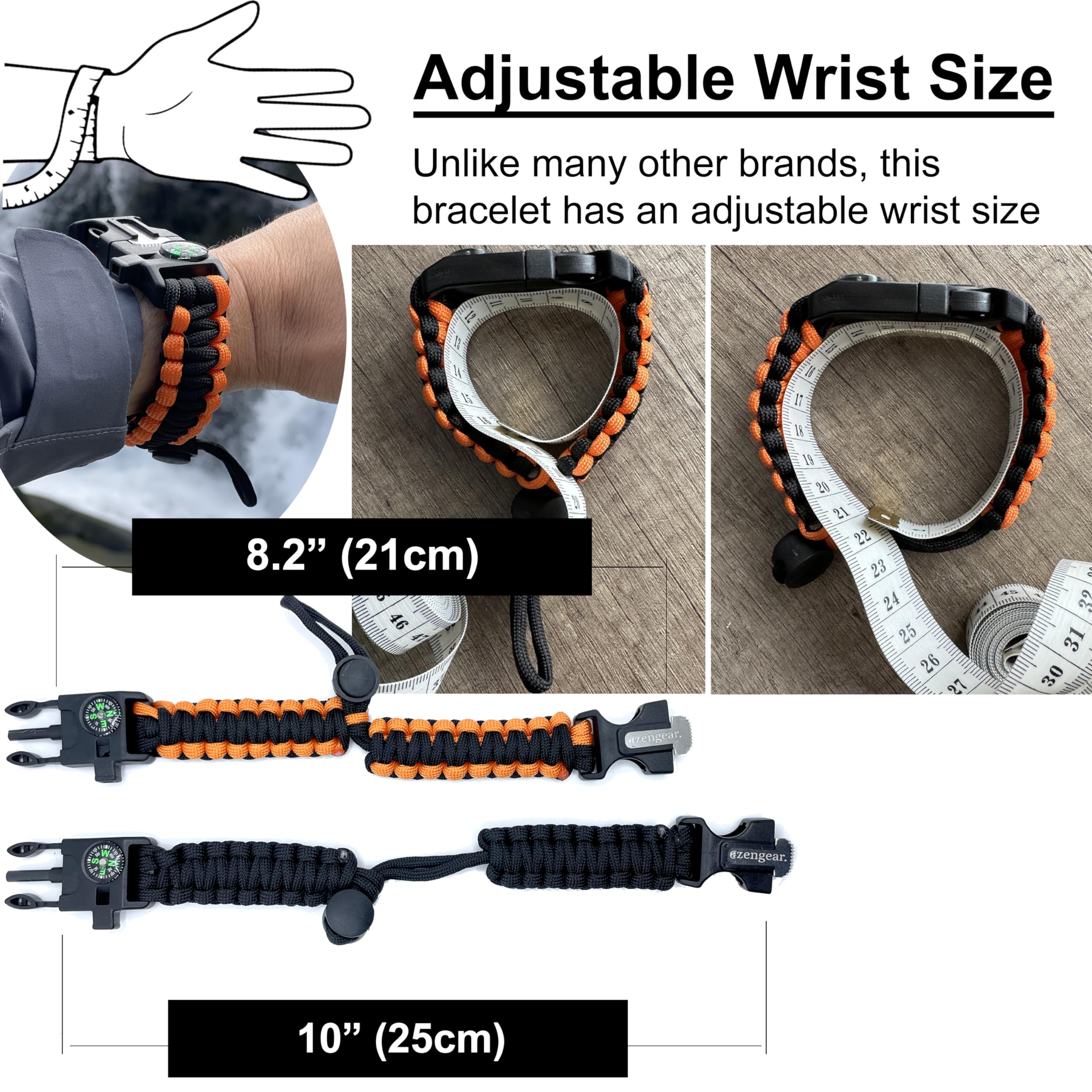 aZengear Paracord Survival Bracelet, Fire Starter Made of Flint and Steel, Whistle and Compass, Adjustable Strap Size for Camping, Bushcraft and Emergency Equipment