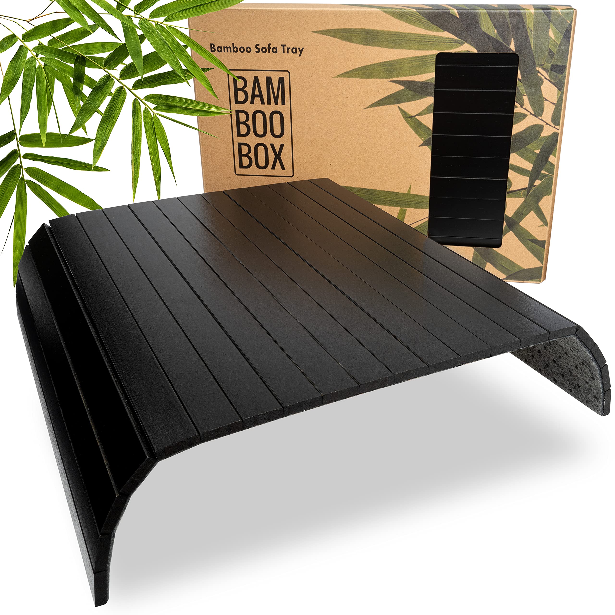 BAM BOO BOX Bamboo Sofa Tray - Black, Rectangular, Japanese Style, Armrest Tray with Cup Holder, Non-Slip, Waterproof