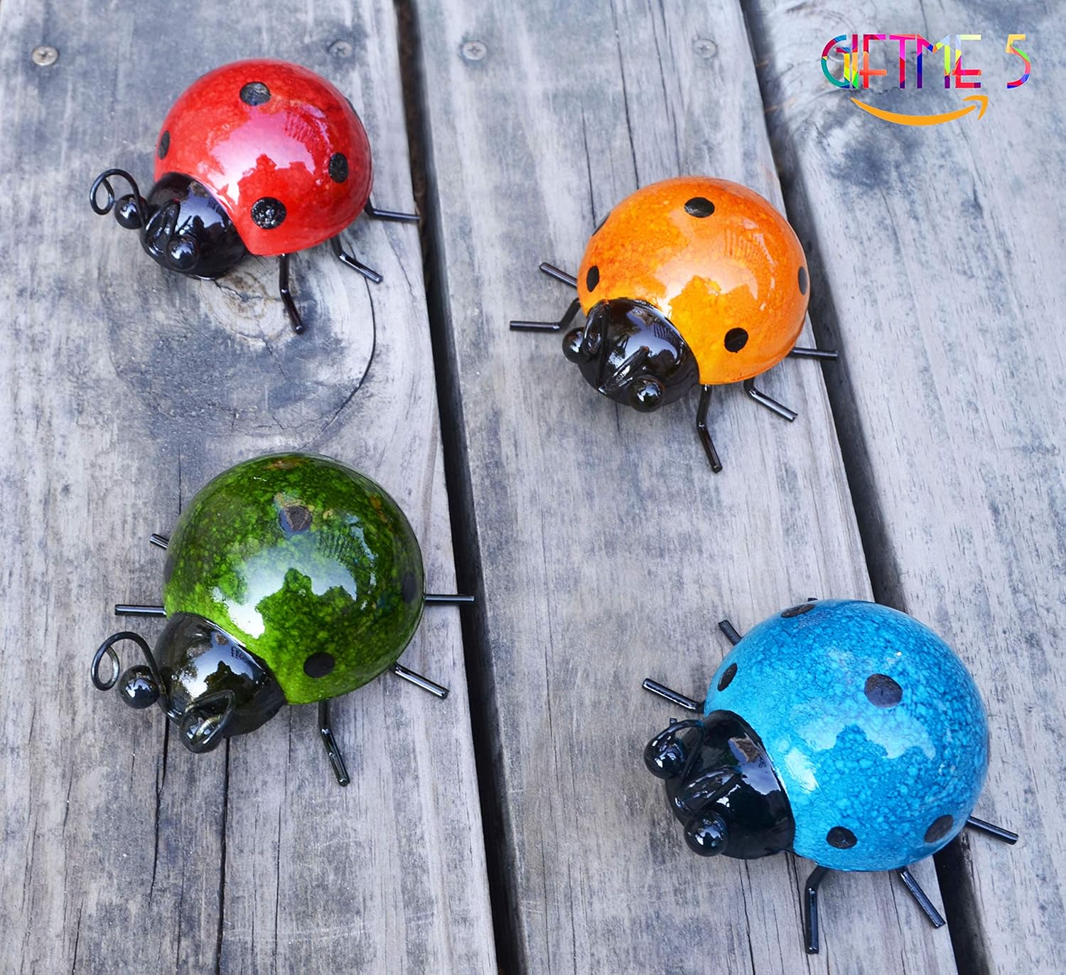 GIFTME 5 Metal Garden Wall Art Decorative Set of 4 Cute Ladybugs Outdoor Wall Sculptures: Everything Else