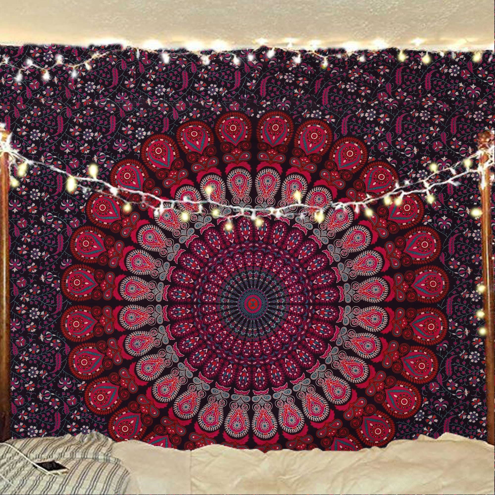 Bless International Indian hippie Bohemian Psychedelic Peacock Mandala Wall hanging Bedding Tapestry (Purple Pink, 101.60L X 76.20W cm)