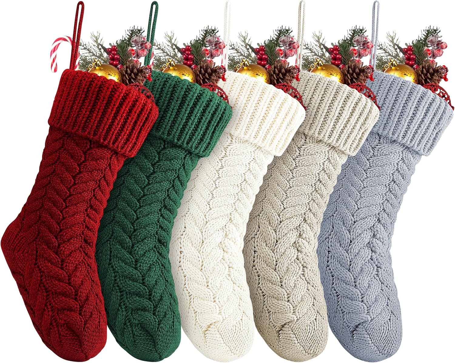 Stockings & Holders - Fesciory 18 Inches Christmas Stockings Bulk, 5 Pack Large Size Cable Knitted Fireplace Hanging Stockings for Family Holiday Xmas Party Decorations, Burgundy&Ivory White&Green&Khaki&Grey
