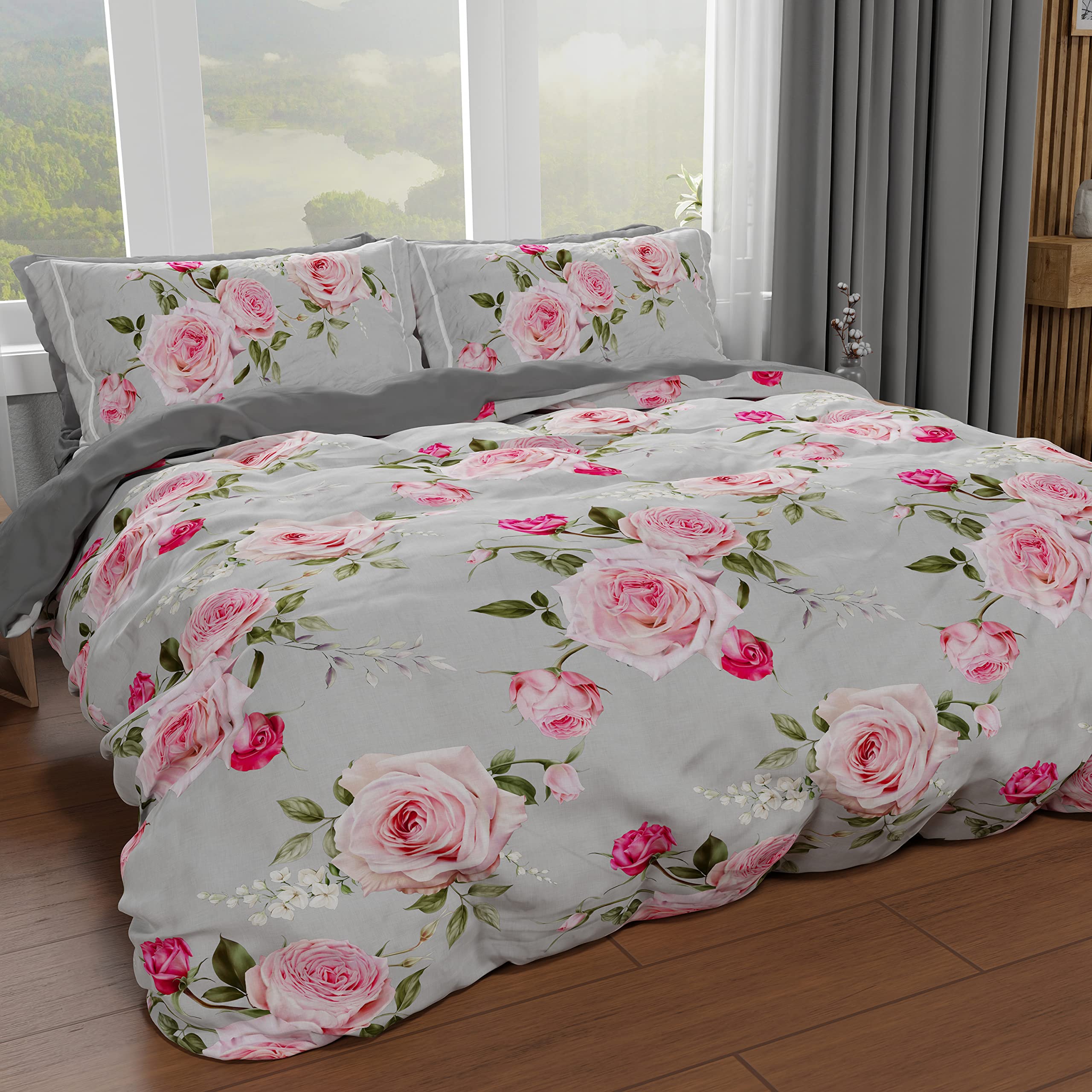 PETTI Artigiani Italiani - Single Duvet Cover 160 x 200 cm, Microfibre Duvet Cover Set with Digital Print + 1 Pillowcase 50 x 80 cm - Made in Italy - Floral 20 Grey