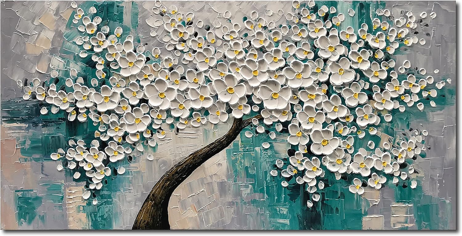 Paintings - Epicler art 3D abstract Art oil painting, white flower tree painting, textured palette knife white flower painting, modern canvas wall Art home decoration home painting (24x48 inches)