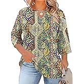 Rapbin Womens Plus Size Tops 3/4 Length Sleeve Shirts Crewneck Dressy Casual Blouses Trendy Keyhole Tunic Top XL-5XL