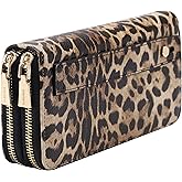 B BRENTANO Vegan Leather Double Zipper Pocket Wallet with Grip Hand Strap (Leopard Black)