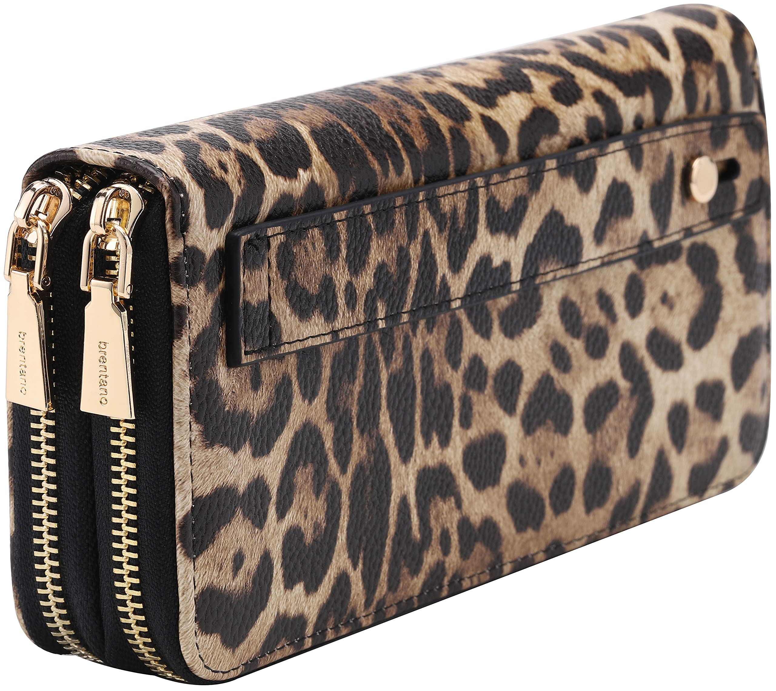 Photo 1 of B BRENTANO Vegan Leather Double Zipper Pocket Wallet with Grip Hand Strap (Leopard Black)