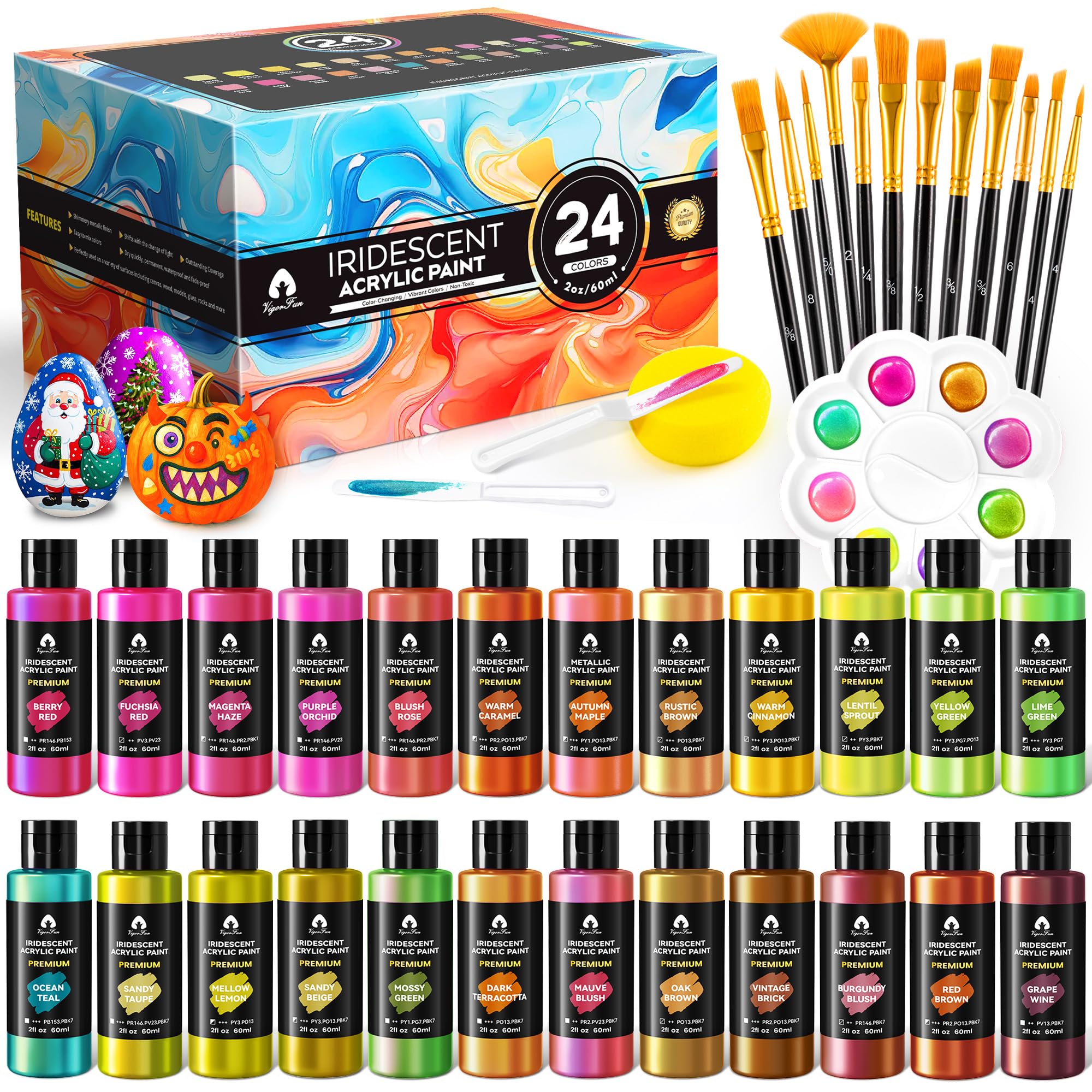 Photo 1 of 40 Pcs Iridescent Acrylic Paint Set with 12 Brushes, 2 Knives & Palette, 24 Colors (2oz/60ml) - for Adults, Kids, Artists & Beginners - Canvas Ceramic Rock Wood Egg Painting Kit