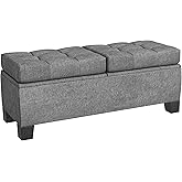 HOMCOM 46" Storage Ottoman Bench, Upholstered End of Bed Bench with Steel Frame, Button Tufted Storage Bench with Safety Hinges for Living Room, Entryway, Bedroom, Gray