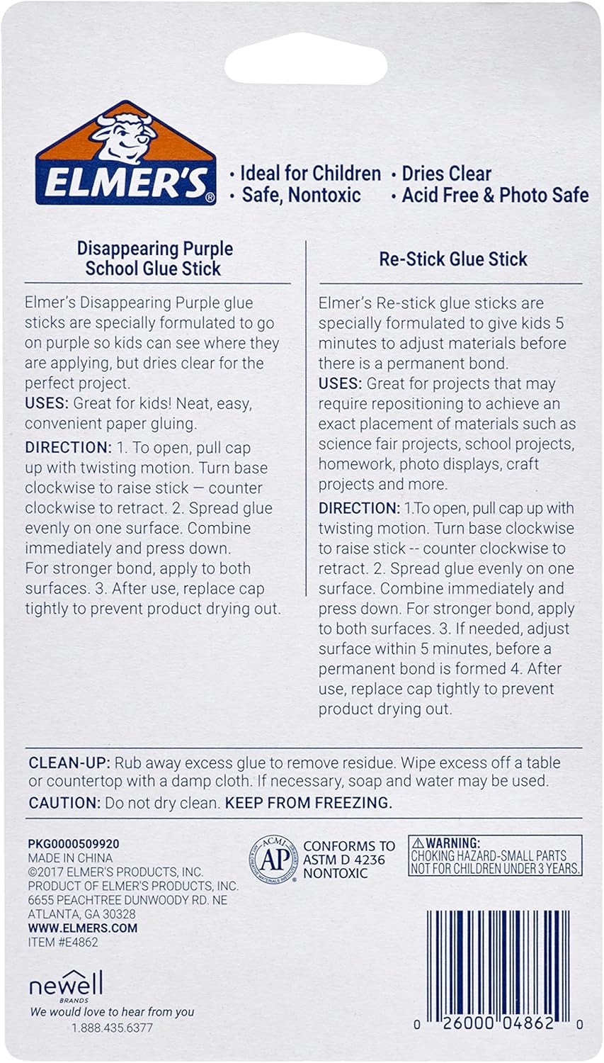 Elmer’s Disappearing Purple Glue Sticks with Bonus Re-Stick Glue Stick, 6 + 1 Pack : Office Products