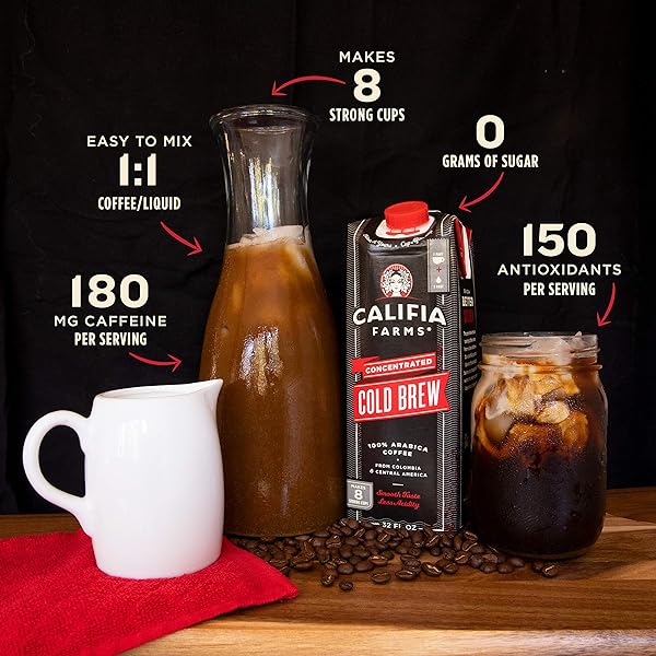 CALIFIA FARMS – UNSWEETENED COLD BREW COFFEE CONCENTRATE, 32 OZ, 100% ARABICA, SHELF STABLE, PLANT BASED, VEGAN, GLUTEN FREE, NON GMO, SUGAR FREE, ICED COFFEE