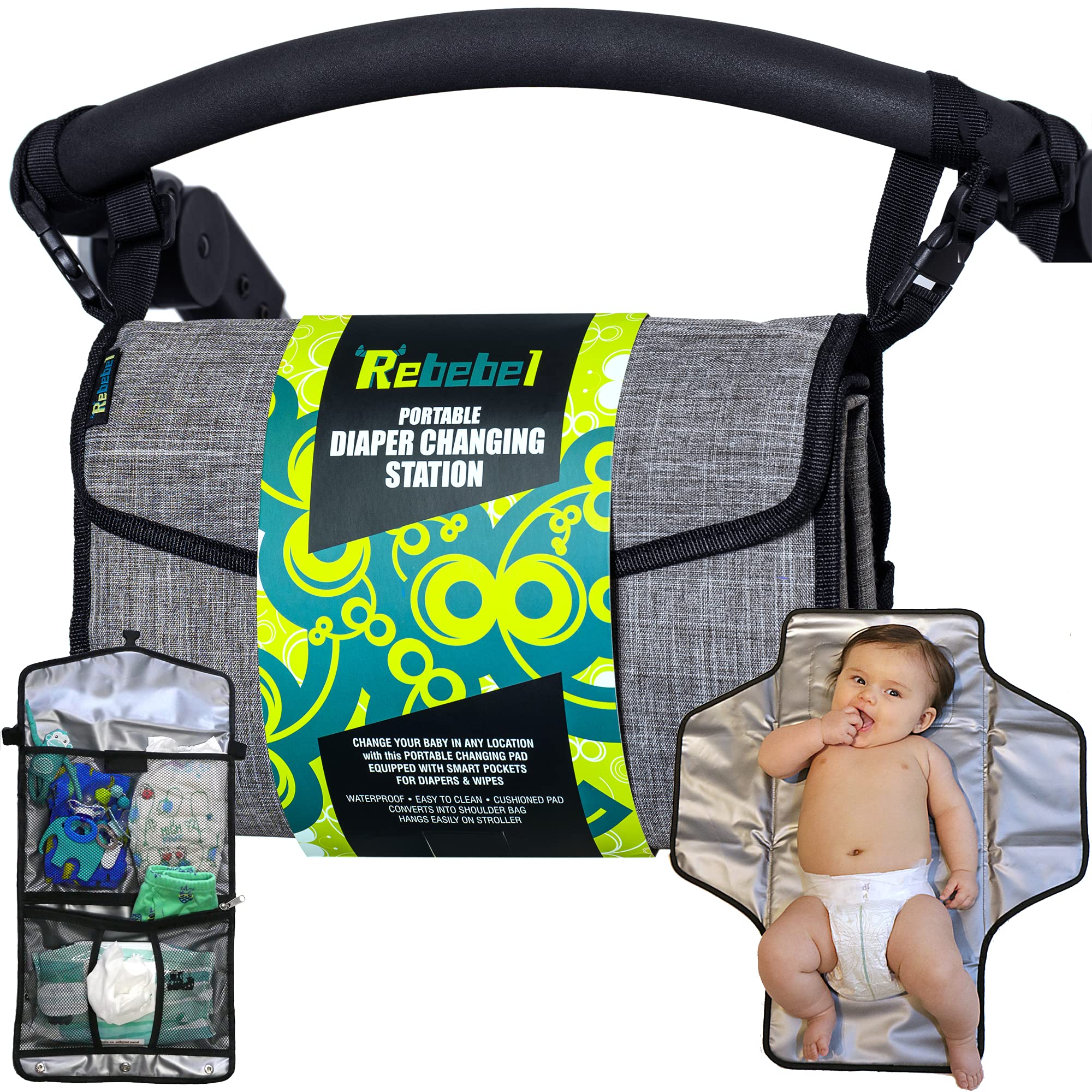 Portable Changing Mat | Baby Changing Bag with Wipes & Nappy Pockets | Convertible Shoulder Strap and Pram Straps