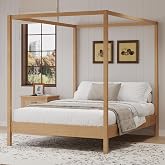 Merax Wooden Canopy Bed with Four Posters, Queen Size Canopy Bed Frame &amp; 8.3" Storage Space Under Bed, Solid Wood Slats Support, No Box Spring Needed, Easy Assembly, Natural