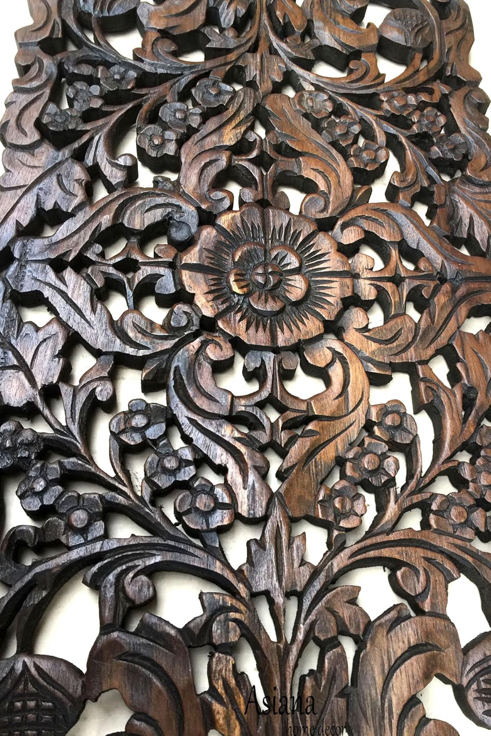 Amazon Com Large Carved Wood Floral Wall Panel Tropical Asian Home Decor In Dark Brown Finish Size 35 5 X13 5 Home Kitchen