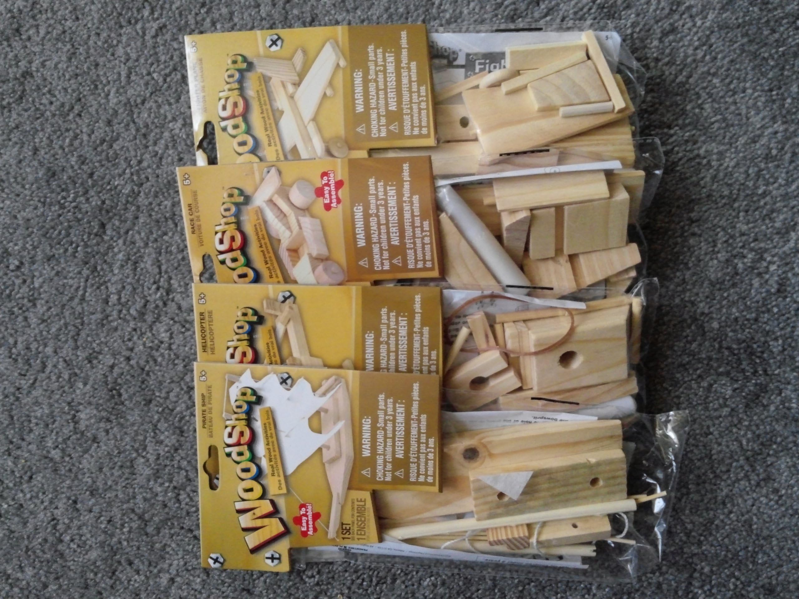 Woodshop Wood Workshop Build Your Own DIY 4 SETS: Pirate Ship Race Car Helicopter Fighter Plane with Cool Slapstick for Kids or Kids at Heart