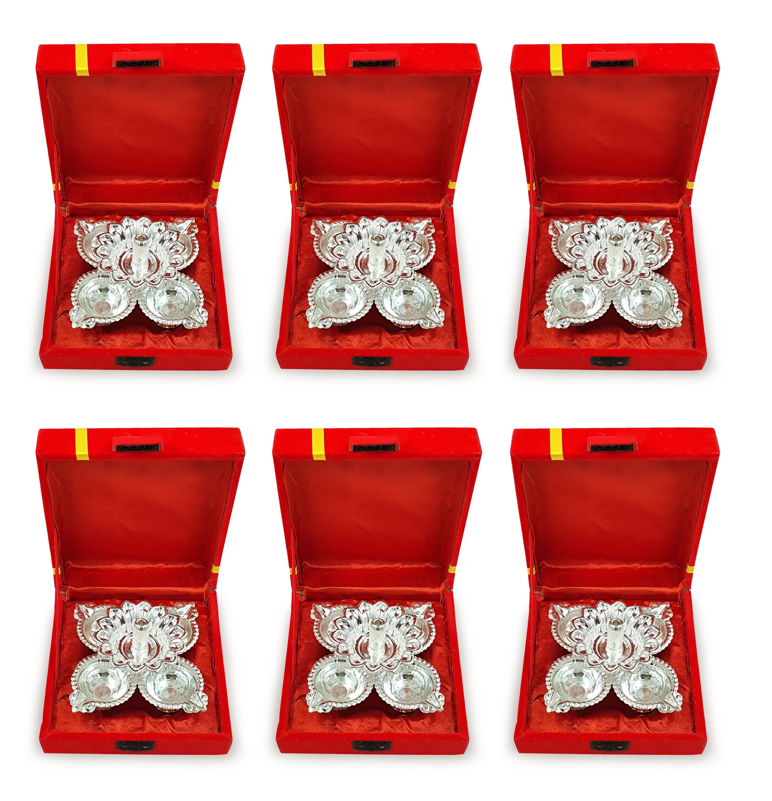 Photo 1 of ****6 PACKS****NOBILITY German Silver Diya with Red Gift Box Panchmukhi Dia Pooja Items Diwali Decoration Puja Gifts Handmade Oil Lamp Traditional Indian Deepawali Gift Items Pack of 6