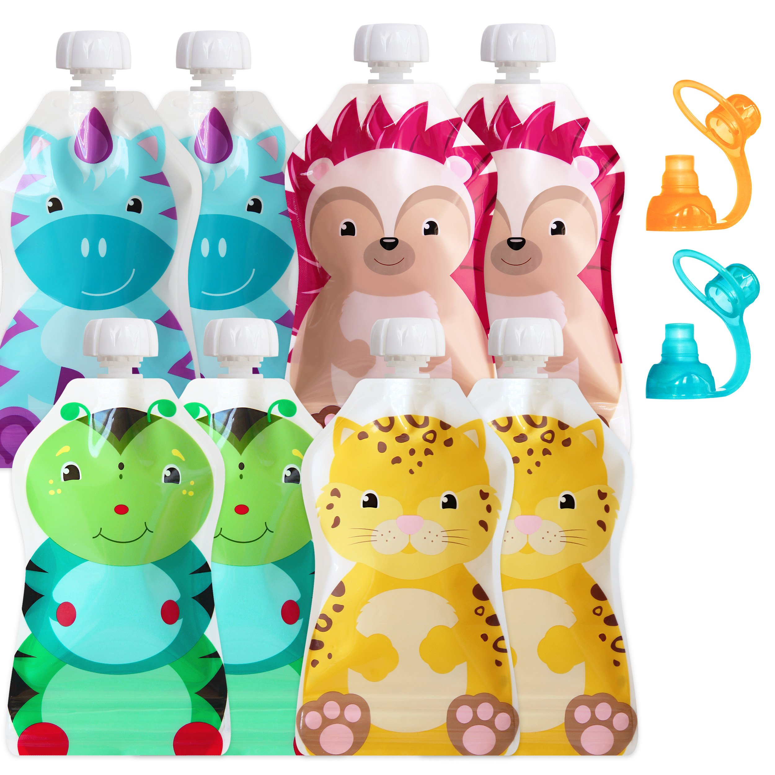 ChooMee Reusable Baby Food Pouches + 2 SoftSip Silicone Tops | BPA Free Leak-proof Toddler Squeezy Pouches for Smoothies, Purées & Baby Food | Easy Clean Wide Bottom | 8CT, 140 ml FreshSquad