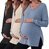 Sweetyweee 3 Pack Women's Ribbed Maternity Shirts, Long Sleeve V Neck Pregnancy Sweaters with Side Split Pregnant Clothes