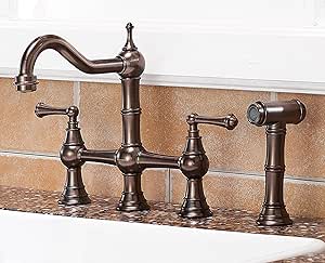 VCCUCINE Traditional Vintage Farmhouse Solid Brass Widespread 4 Hole 2 Handle Copper Bridge Kitchen Faucet, Bronze Faucets for Kitchen Sinks with Side Spray