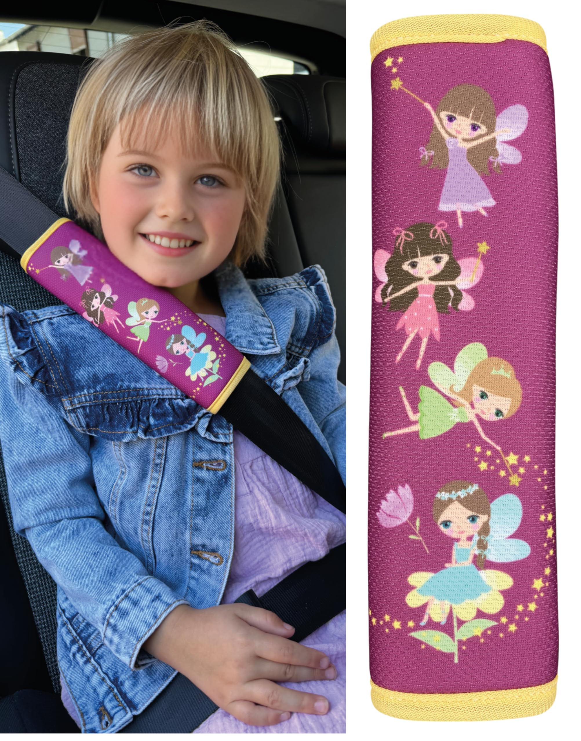 HECKBO 1x car Magic Seatbelt Protector with Fairy Fairies for Children Boys Girls, Belt Shoulder pad Pads, car seat Belt Protection, Safety seat Belt pad Pillow, Kids Belt Padding - 2.36“ x 8.27“