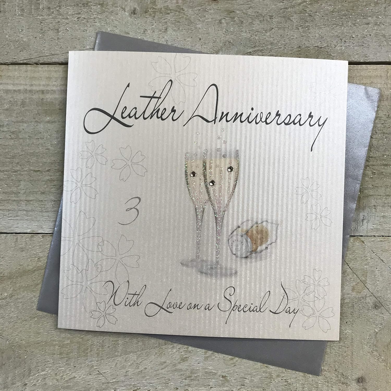 white cotton cards Champagne Glasses Leather Anniversary Handmade 3rd Anniversary Card, White, WA3, 16cm x 16cm