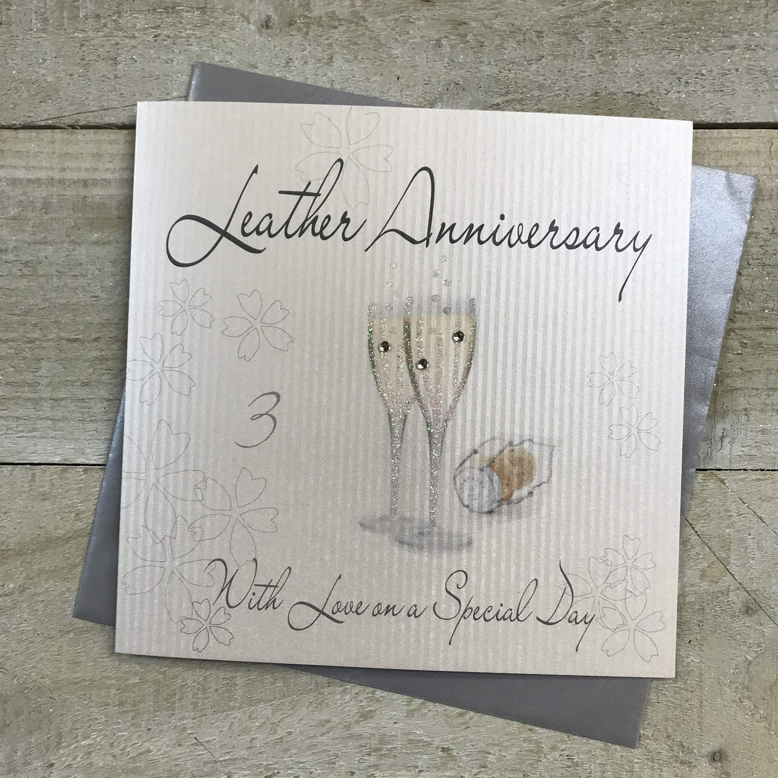 white cotton cards Champagne Glasses Leather Anniversary Handmade 3rd Anniversary Card, White, WA3