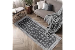 Adiva Rugs Machine Washable Area Rug with Non Slip Backing for Living Room, Bedroom, Bathroom, Kitchen, Printed Vintage Home Decor, Floor Decoration Carpet Mat (Black, 2'6" x 6'6")
