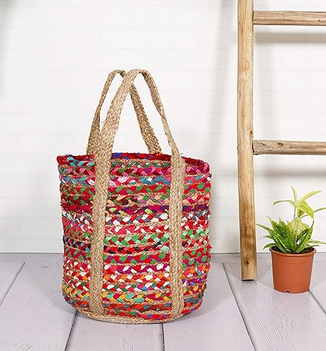 HANDICRAFT-PALACE Natural Jute Cotton Bag Bags for Shopping Womens Tote Bag Large Shoulder Bags (Multi Color)
