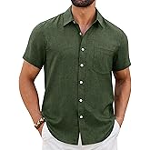 ROUWELL Olive Green Mens Linen Shirt Short Sleeve Wrinkle Free Casual Untucked Button Down Shirts Beach Summer Tops M
