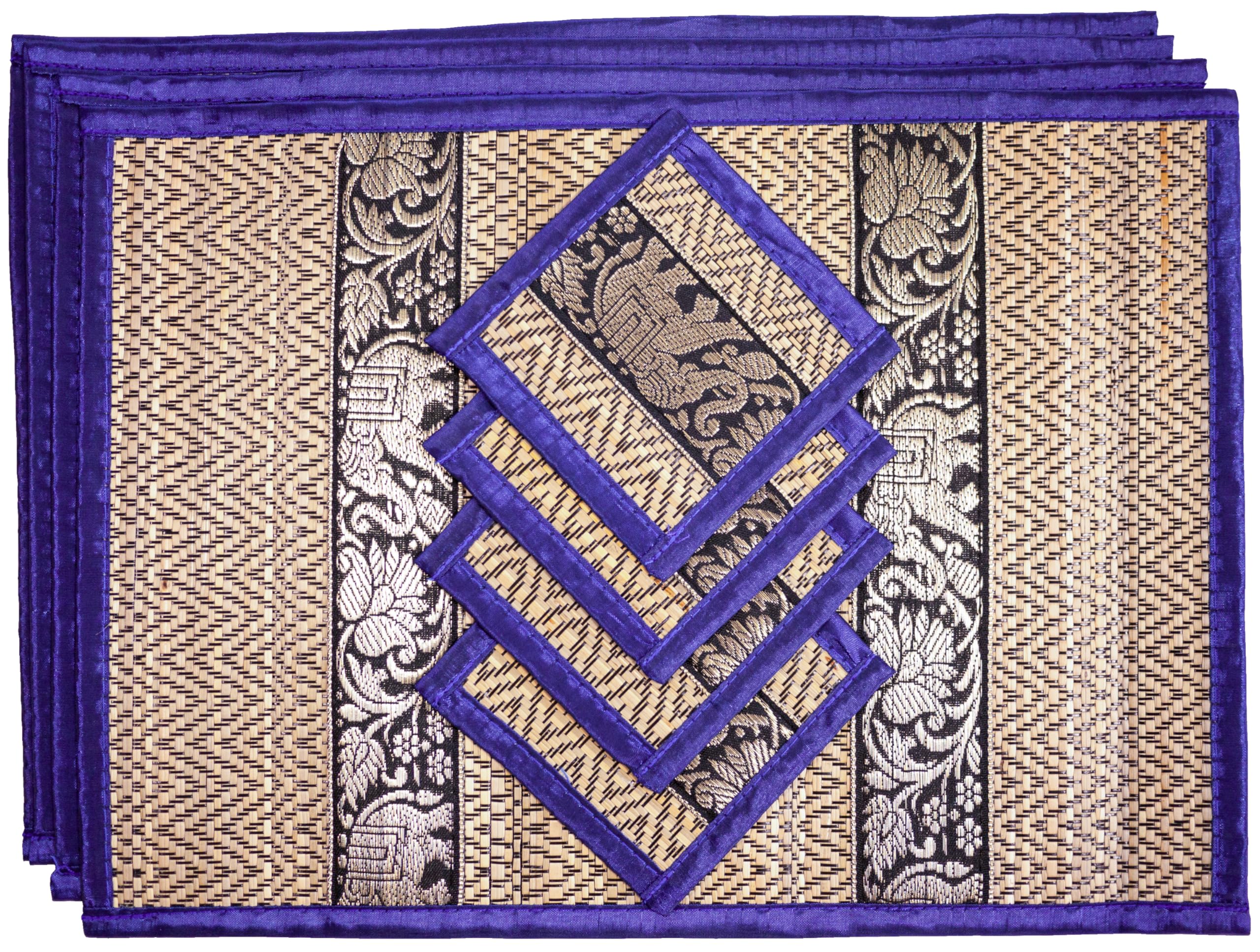 Cccollections Hand-Woven Table Placemats & Coasters Set for Everyday Dining | Thai Style Wicker Placemats Alternative to Plastic Heat Resistant - 4 Pcs