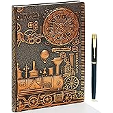 fengco Vintage Train Embossed Leather Writing Journal Notebook with Pen Set,Antique Handmade Daily Notepad Sketchbook,Travel Diary Notebooks to Write in,Gift for Men Women (A5(8.4"*5.7"), RedBronze)