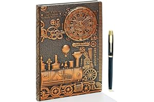 FENGCO Vintage Train Embossed Leather Writing Journal Notebook with Pen Set,Antique Handmade Daily Notepad Sketchbook,Travel Diary Notebooks to Write in,Gift for Men Women (A5(8.4"*5.7"), RedBronze)
