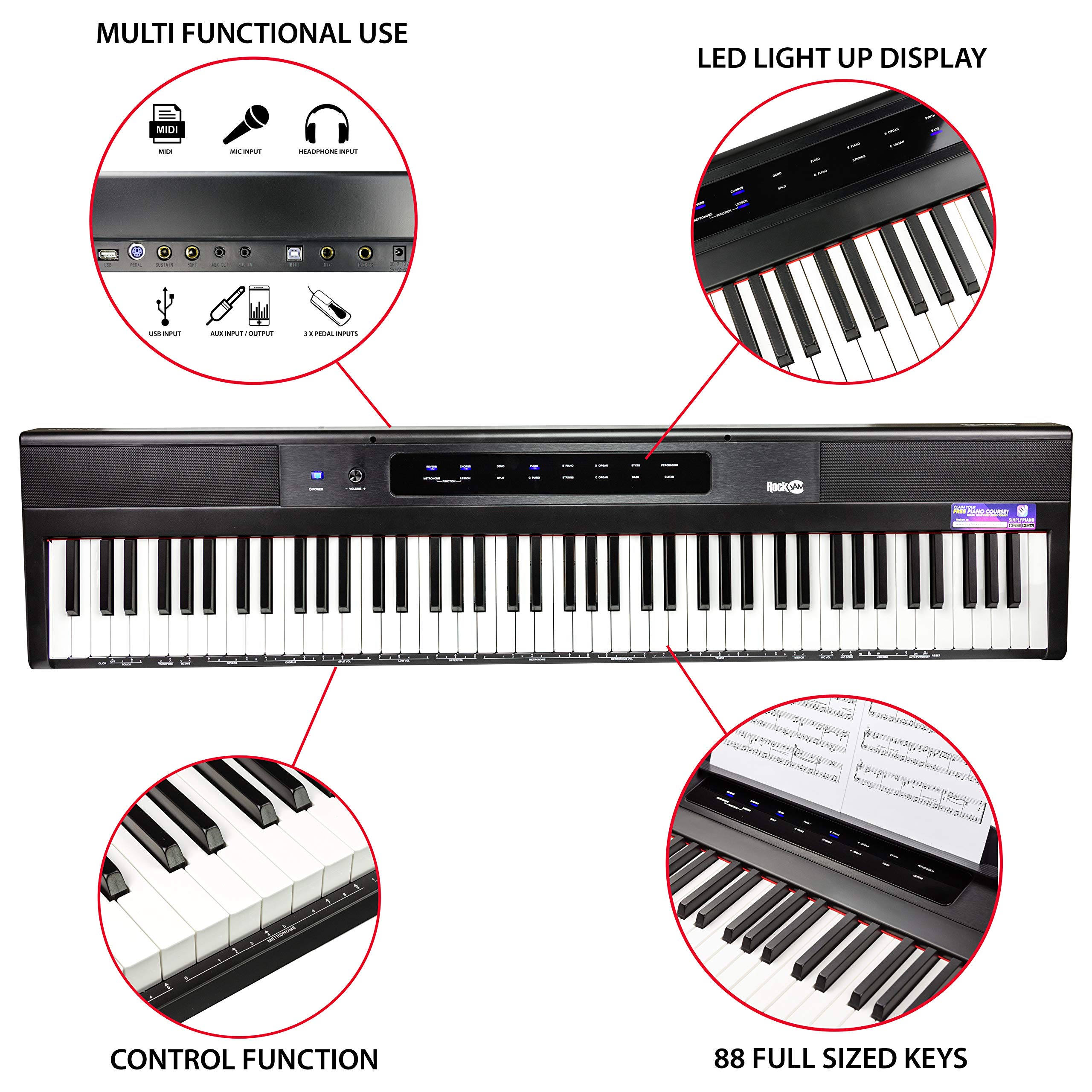 RockJam 88 Key Digital Piano Keyboard Piano with Full Size Semi-Weighted Keys, Power Supply, Sheet Music Stand, Piano Note Stickers & Simply Piano Lessons 4