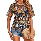 MakeMeChic Women's Sparkly Tops Mesh Sheer Short Sleeve Concert Outfits Sequin See Through Black T Shirts Blouse